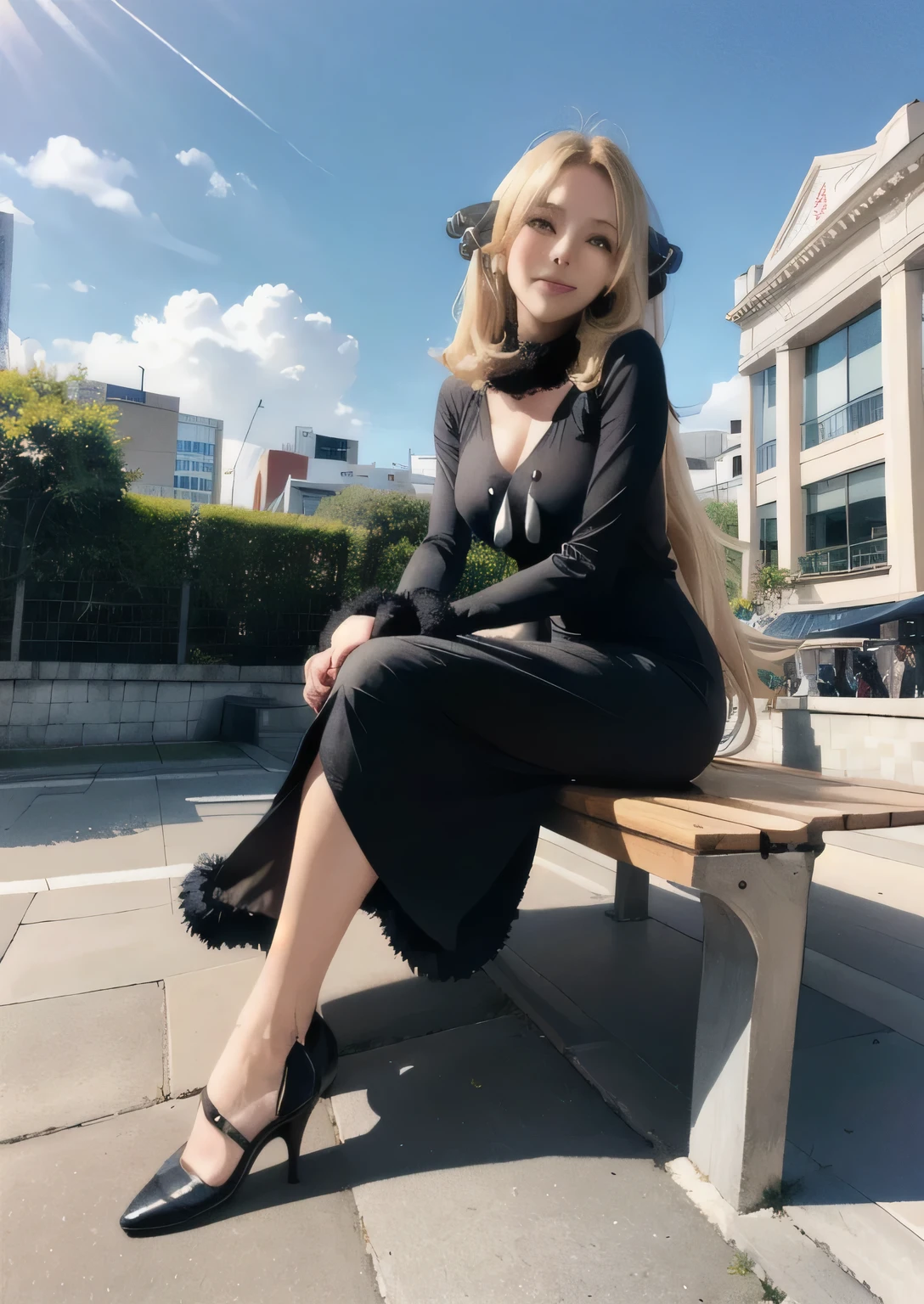 1 girl, with one people, full body portrait, concentrated, ((looking at the viewer)),
 Cynthia, blonde hair, long hair, hair above one eye, hair ornaments, very long hair, big breasts, wavy hair, (gray eyes), smile, fascinating look,black pencil dress,  white panties, grin, fur trim sleeves, Fur trim coat, fur trim sleeves, fur collar, fur trim,  sit with your hand on your chin, squat, , from below
 clocktower, architecture, beach, bench, bicycle, blue null, Bokeh, building, Cafe, city, chain-link fence, chromatic aberration, church, city, cityscape, clock tower, cloud, cloudy null, Day, Depth of the bounds written, east asian architecture, fence, Ferris wheel, , garden, Home, Lens flare, Ocean, outdoor, palm wood, garden, path, paved, people々, pool, poolside, throw, rainbow, road, rooftop, scenery, Shadow, Shoji, shrine, 歩road, null, nullscraper, stadium, over the counter, swoodt, Tokyo \(city\), tower, town, wood,, realistic, octane rendering, highest quality, looking at the viewer, look down, sharp focus, (8K), (4k), (masterpiece), (highest quality), (realistic skin texture), very detailed, Complex, very detailed, , figure, soft lighting, , High resolution, sharp details,, realistic, octane rendering, highest quality, looking at the viewer, look down, sharp focus, (8K), (4k), (masterpiece), (highest quality), (realistic skin texture), very detailed, Complex, very detailed, , figure, soft lighting, , High resolution, sharp details,
beautiful, beautiful eyes, anatomically correct, very detailed eyes, RAW image, beautiful face, symmetrical eyes, symmetrical face, great lighting