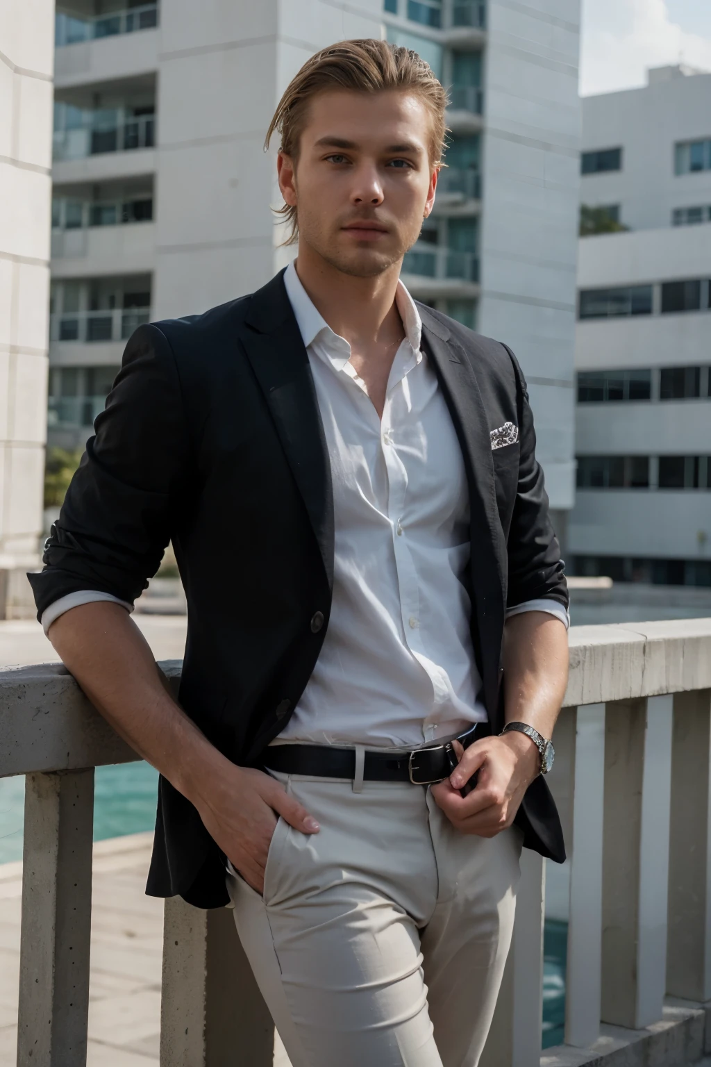 ((best quality)), ((masterpiece)), (detailed), masculine, young man, light beard, Swedish, blonde hair, short hair, blue eyes, fit body, elegant white shirt, black suit jacket, photo realistic, Miami Brickell backdrop, no nudity