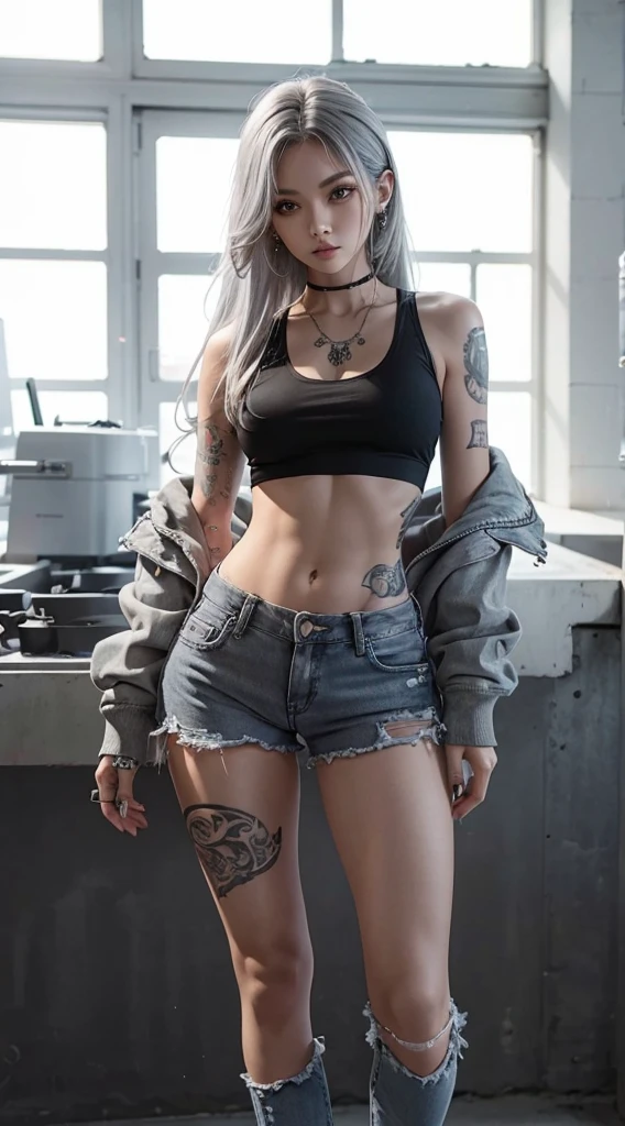 Beautiful girl, grey hair, crop tank top, mini jeans, fit slim body , tattoos , strong sharp look , pointed breasts , bellly piercing