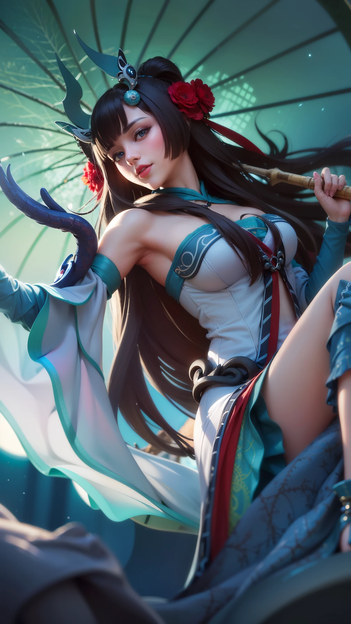 girl with black hair holding a umbrella, red lips glossy, 8k, ultra hd, ultra detailed texture, hyper realistic, masterpiece, detailed texture, detailed face, detailed skin, detailed lighting, (photorealistic:1.5), best quality, beautiful lighting, cinematic lighting, professional lighting, ultra highres, realistic, detailed hair, real hair, high quality, (realskin:1.5), extremely detailed, finely detail, ultra-detailed, smile, kimono outfit, blue eyes.