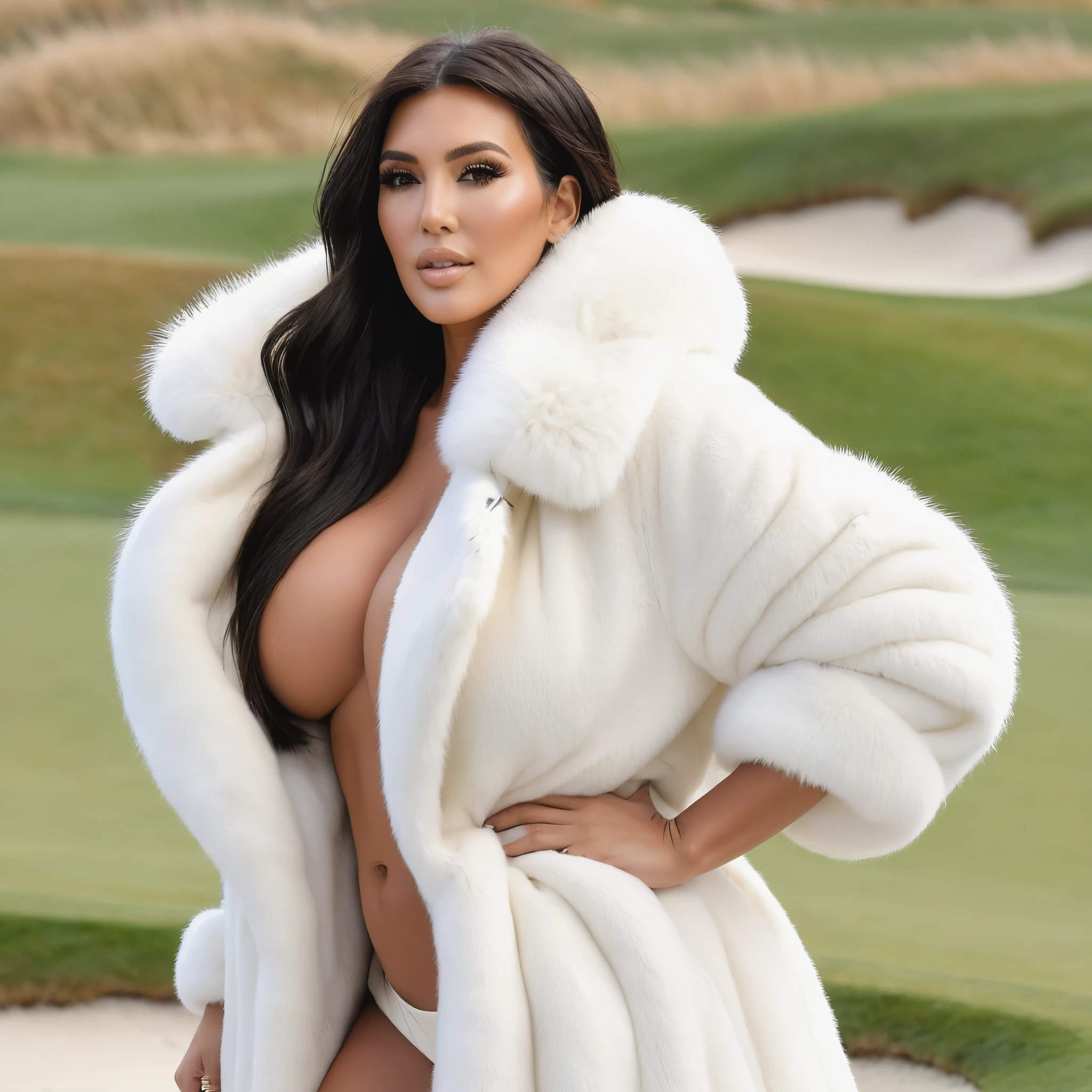 A very wide and very thick, manteau de fourrure en vison blanc, fifty centimeters thick, duveteux, naturel, with an ultra thick white mink fur collar, three layers, sur Kim Kardashian , bare shoulders, and two large breast covered by the fur, at Pebble Beach golf