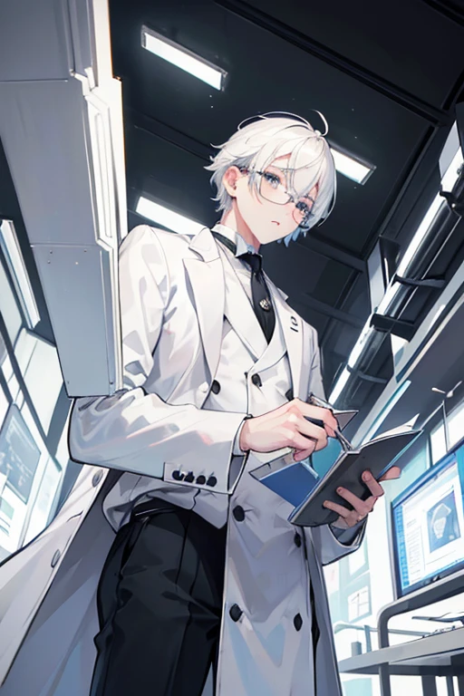 monochrome,masterpiece, male focus,illustration, best quality, best aathetic,from below,a man wearing white coats,18 age,have a binder,short hair,white hair,glasses,solo,Laboratory,