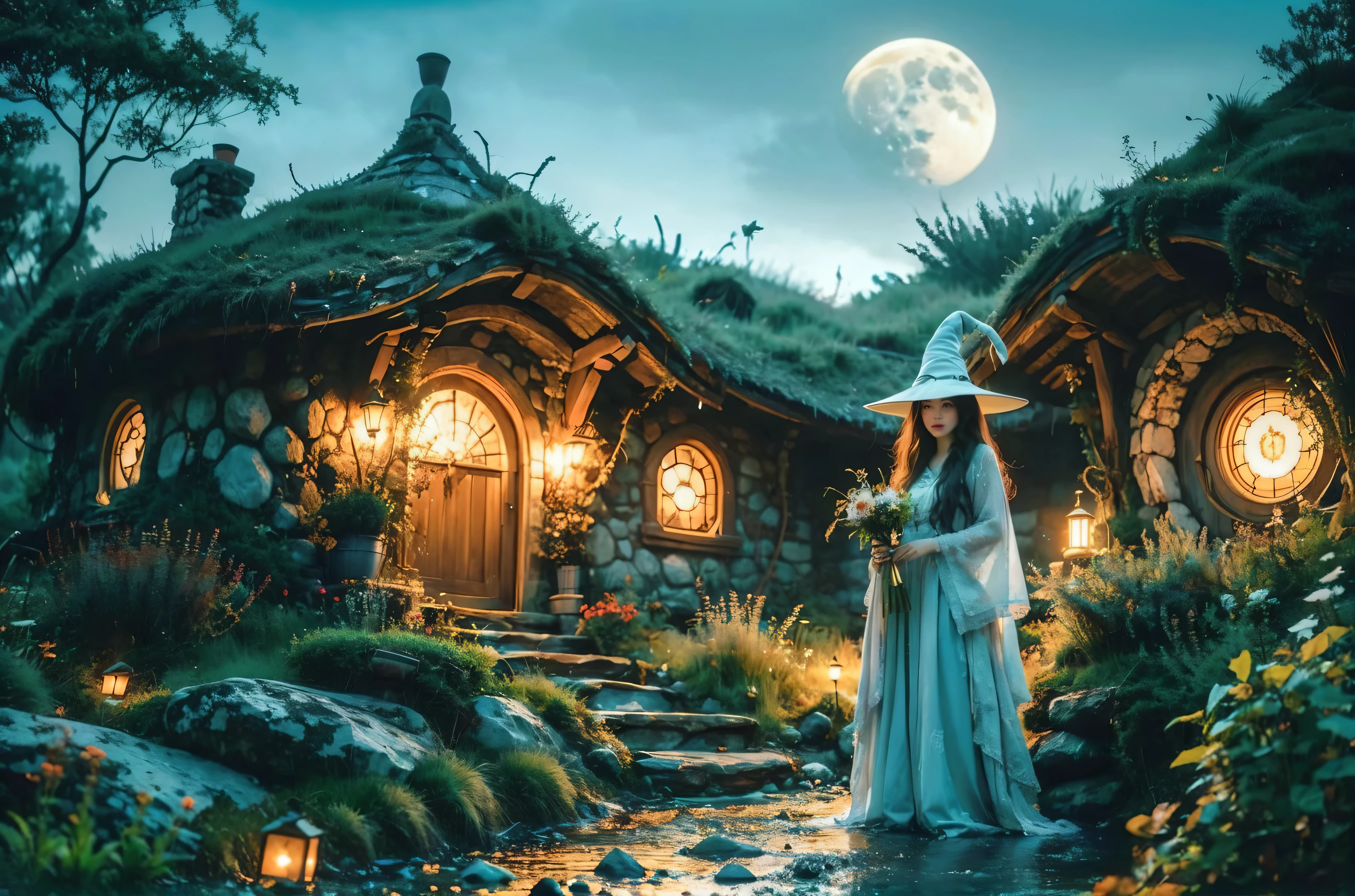 a woman in a blue dress and hat standing in front of a house, witch fairytale, fantasy fairytale story, very magical and dreamy, fantasy photography, beautiful render of a fairytale, enchanting and otherworldly, retro and fantasy style, fantasy matte painting,cute, realistic fantasy photography, witch cottage in the forest, fantasy art style, fantasy setting, beautiful wizard, fantasy house