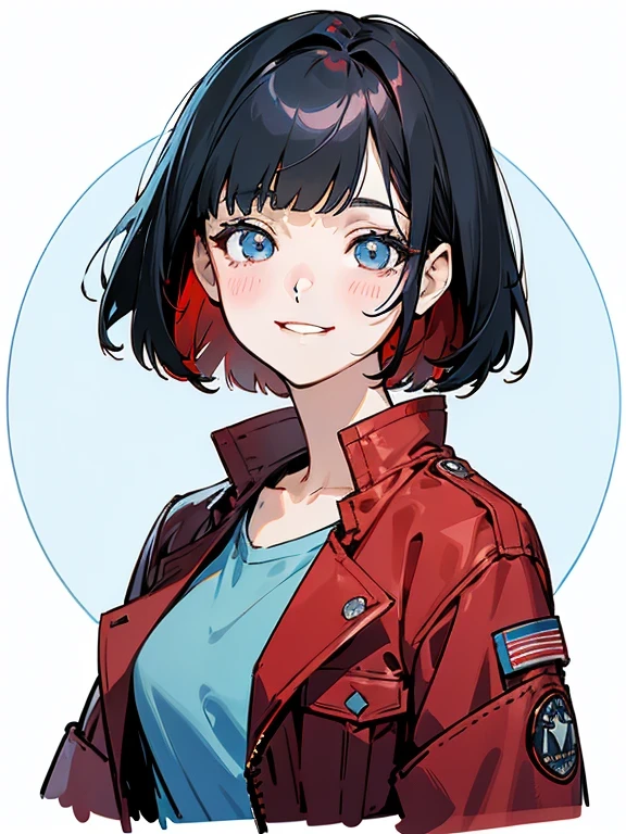 {8k image}, 1girl (solo), beautiful woman, black short bob hair, blunt bangs, blue eye, (wearing red plain jacket and sky blue inner shirt), smiling at the viewer, facing the camera, just face Photo, {face portrait}, {centered image}, simple white background
