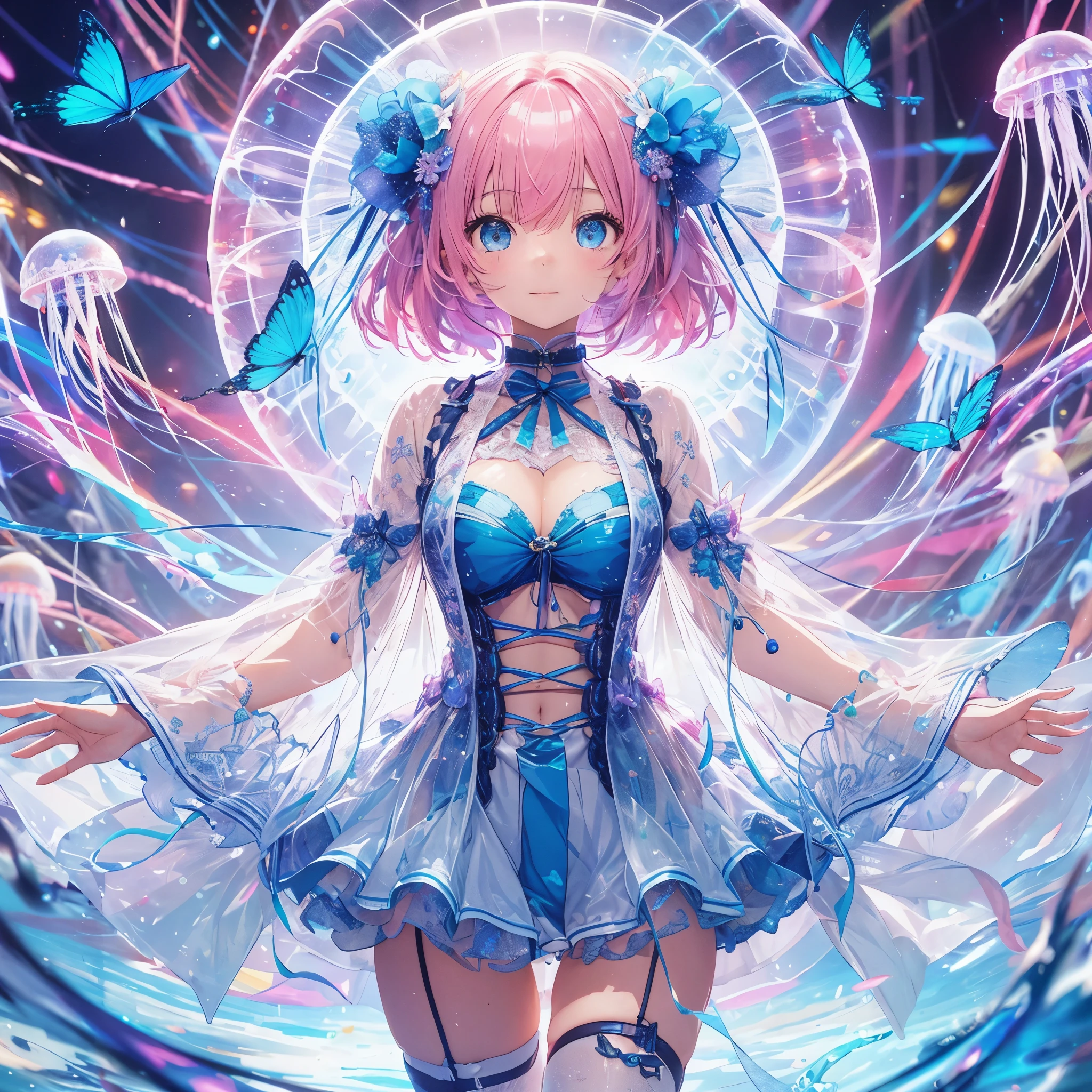"In a vivid anime scene, a girl with pink bobbed hair and blue eyes radiates confidence while wearing a jellyfish costume, blending serenity with her spirited demeanor. Her outfit, a unique mix of punk and marine life, is accented with blue butterfly accessories. Amidst a whirlwind of chaos, she stands out with her clear jellyfish attire, symbolizing tranquility in turmoil. The dynamic background of abstract energy, enhanced by a halo of light and colorful streaks, emphasizes