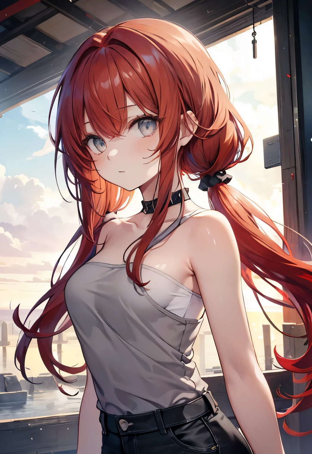 bangs, hair ornament, ((red hair, gray eyes:1.5)), very thin, swept bangs, low twintails, scrunchie, hair scrunchie, white scrunchie, (medium breast:1.2, toned arms), BREAK (strapless gray tank top, black jeans), BREAK looking at viewer, BREAK outside, swamp, willow tree, town, dusk, BREAK (masterpiece:1.2), best quality, high resolution, unity 8k wallpaper, (illustration:0.8), (beautiful detailed eyes:1.6), extremely detailed face, perfect lighting, extremely detailed CG, (perfect hands, perfect anatomy),