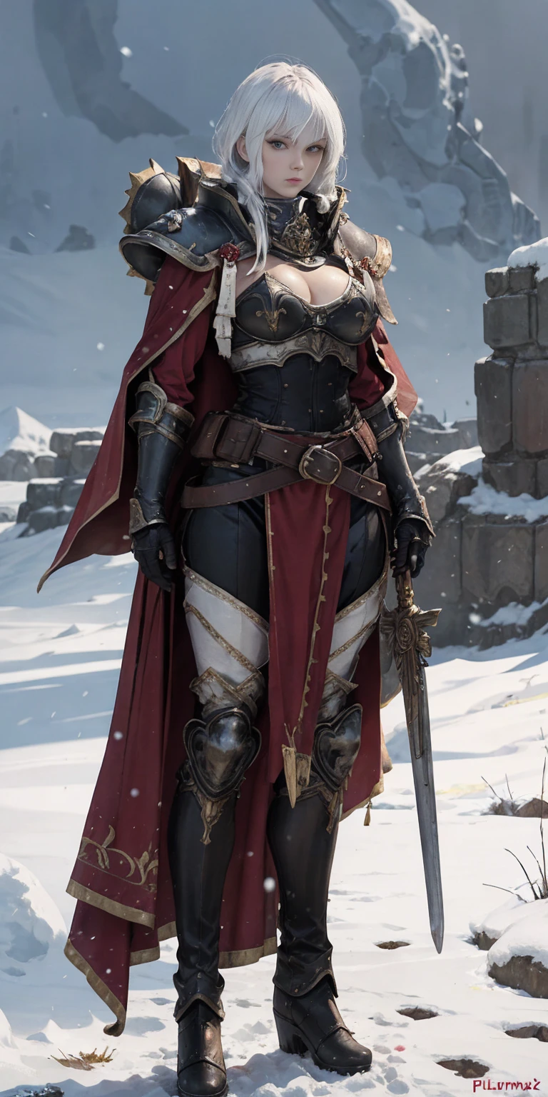 full body standind straight symmetrical, FEMALE warrior princess, big belt around waist, hair, very white skin like snow, wearing full heavy armor red cape, brown leather boots, adventurer outfit, veteran warrior milf bimbo