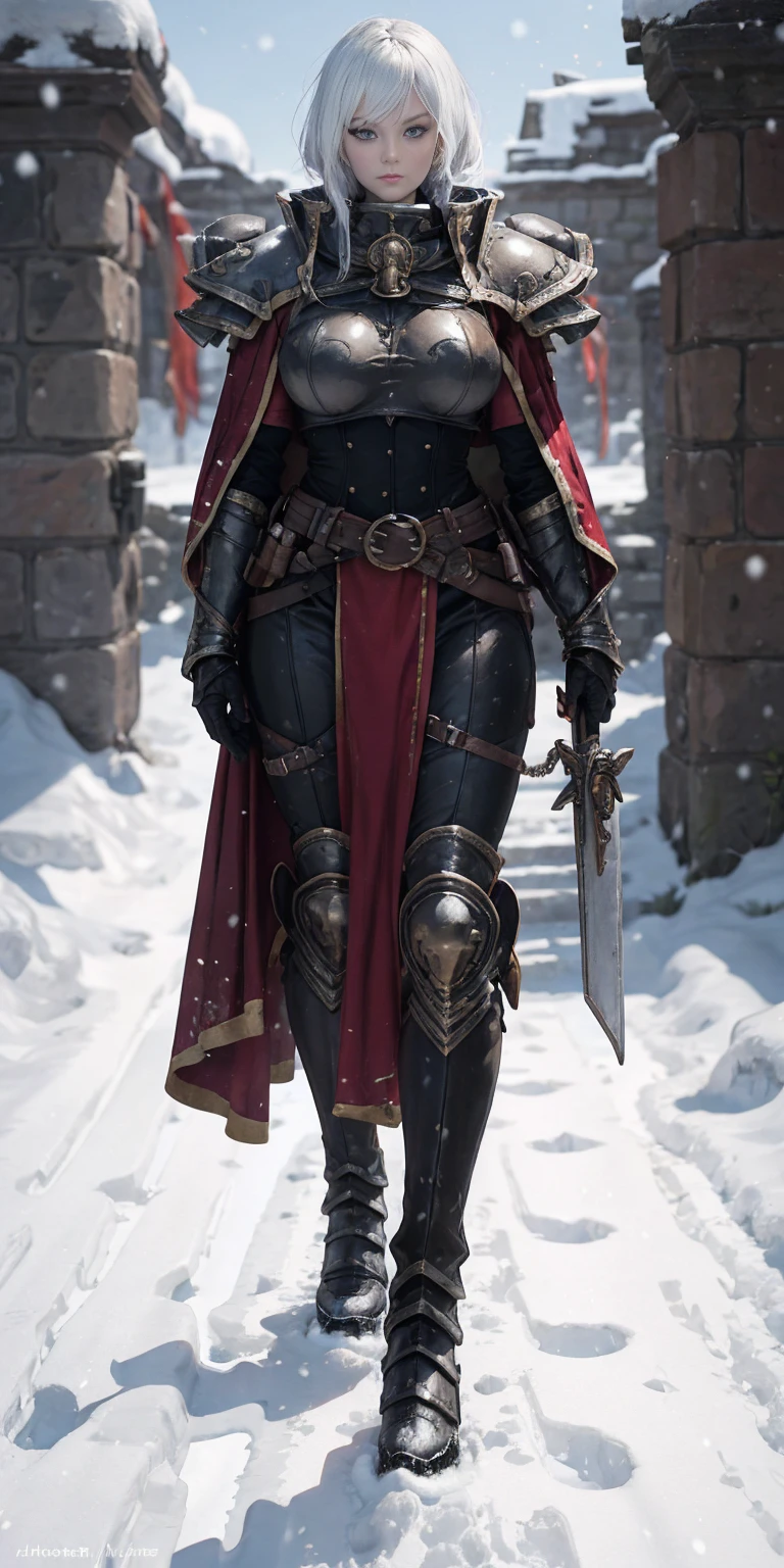 full body standind straight symmetrical, FEMALE warrior princess, big belt around waist, hair, very white skin like snow, wearing full heavy armor red cape, brown leather boots, adventurer outfit, veteran warrior milf bimbo