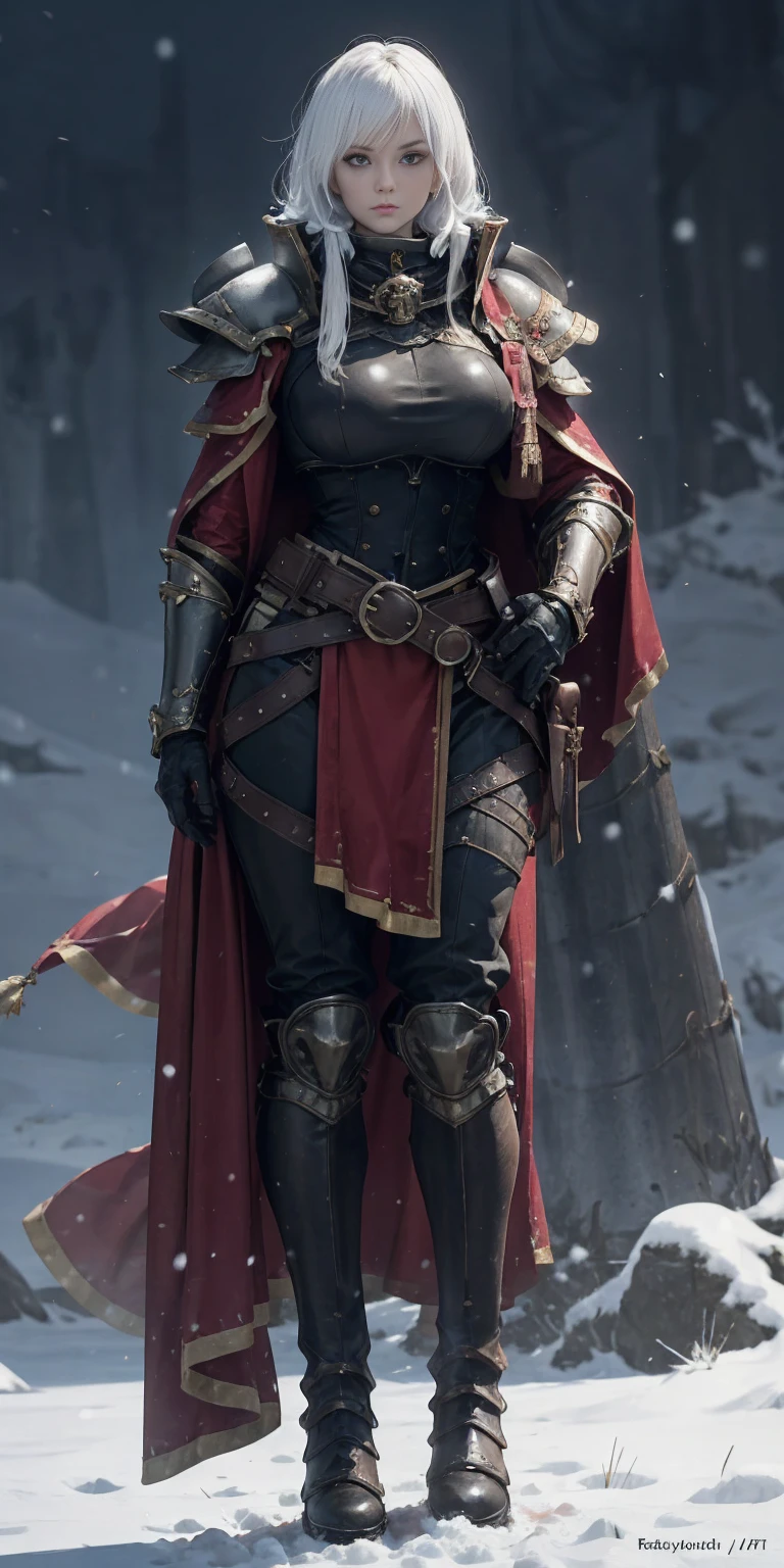 full body standind straight symmetrical, FEMALE warrior princess, big belt around waist, hair, very white skin like snow, wearing full heavy armor red cape, brown leather boots, adventurer outfit, veteran warrior milf bimbo