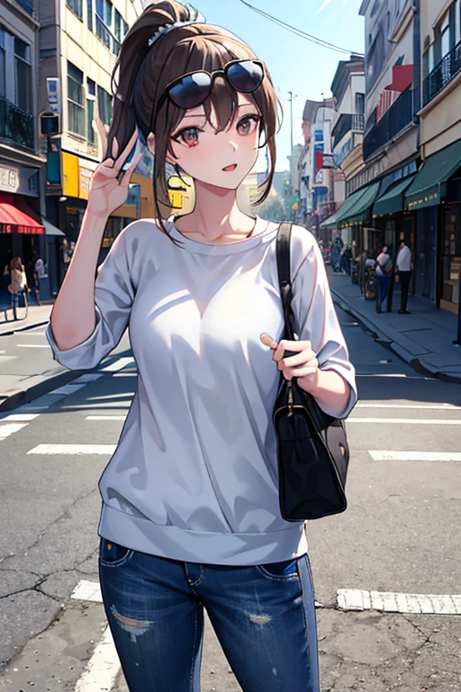 Young woman 47 years old: 1.3, Ponytail: 1.2, Casual wear: 1.2, Sunglasses: 1.2, Daytime: 1.2, Street: 1.2, Film lighting, Surrealism, UHD, ccurate, Super detail, textured skin, High detail, Best quality, 8k