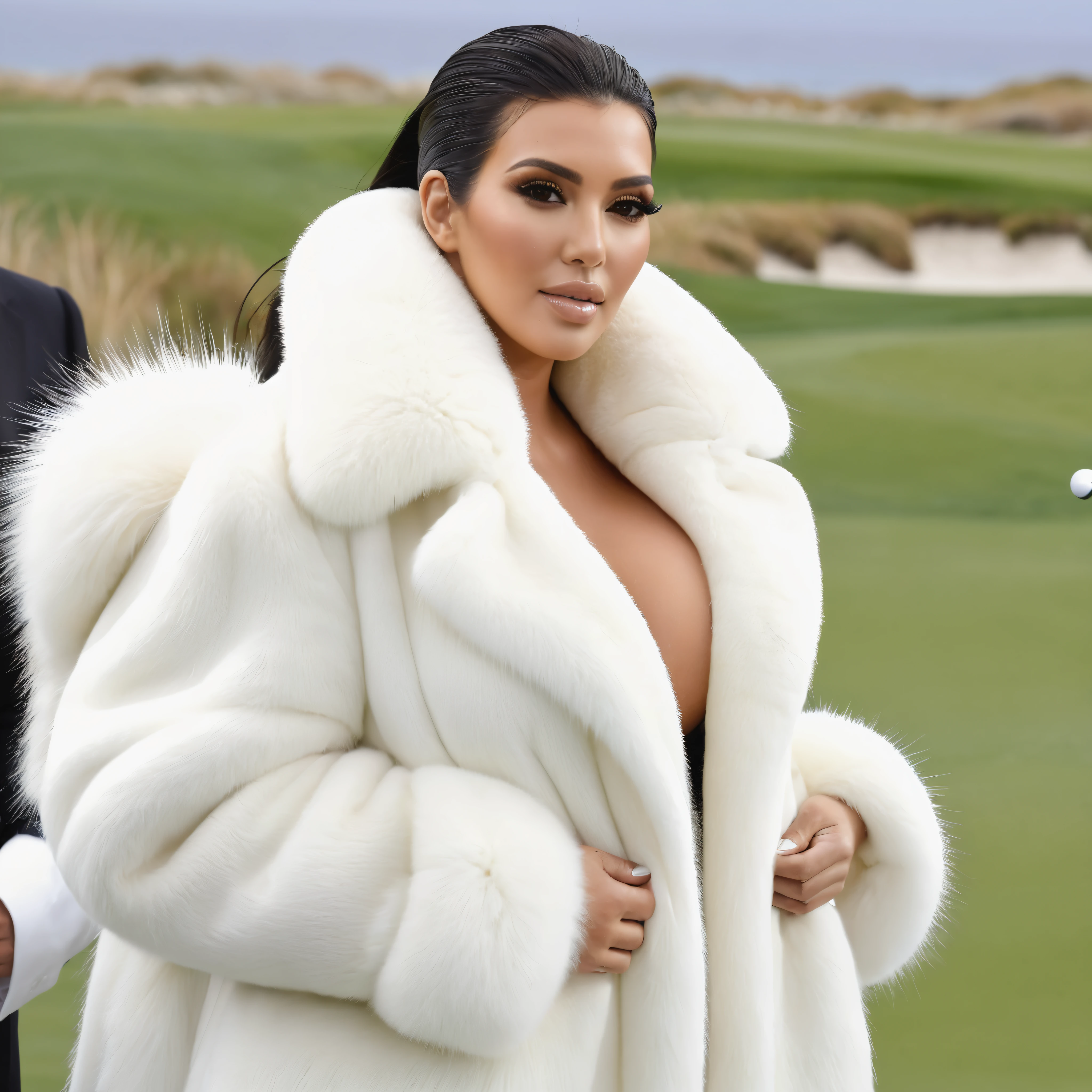 A very wide and very thick, manteau de fourrure en vison blanc, fifty centimeters thick, duveteux, naturel, with an ultra thick white mink fur collar, three layers, sur Kim Kardashian , bare shoulders, and two large breast covered by the fur, at Pebble Beach golf