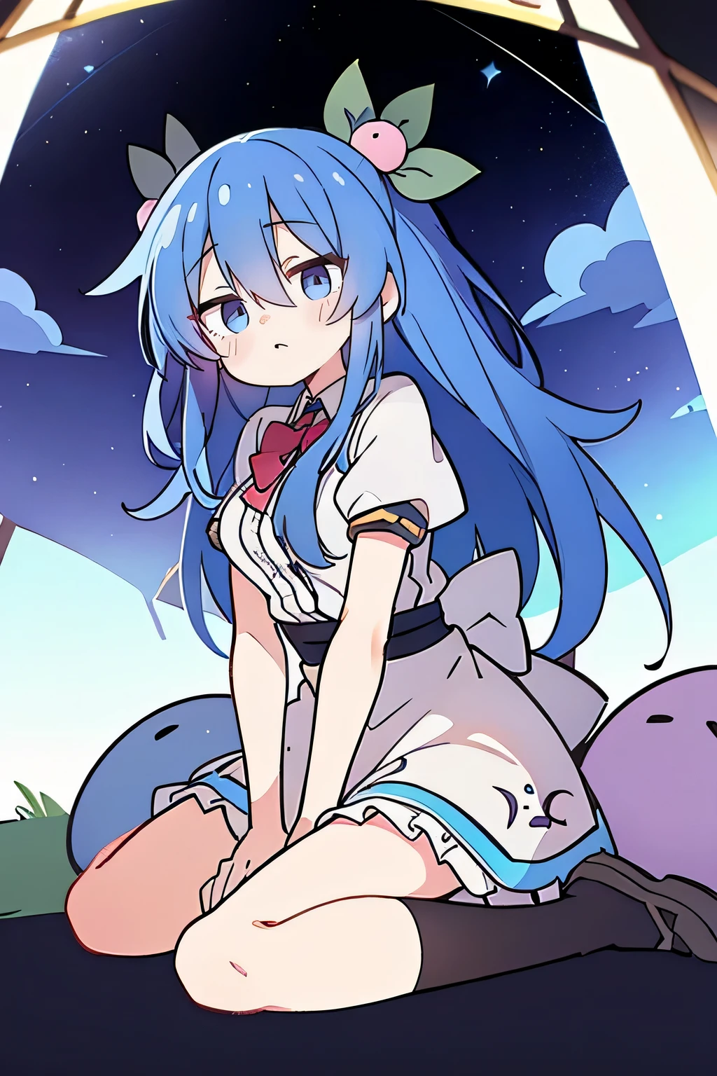 (masterpiece),best quality, expressive eyes, perfect face,sit, sit on ground, Legs on the ground, 1girl,
Big breasts, H cup, Good breasts, Put your hands on your waist,fair, Gorgeous,Japanese cartoons,girl,lola,Hina Angel, blue hair, blue haired,tent , tent chest, tent breast, floating clothes,starry sky,blue eyes,