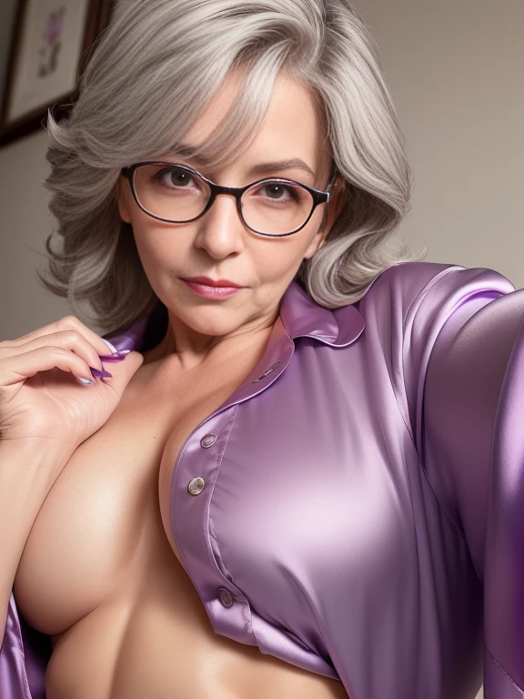 spectacled curly long grey hair older milf lady in unbuttoned silk satin pajamas, (abs:1.4), (wearing violet satin shiny pajamas), add_detail:1, ((beautiful feminine face)), (((ready to suck you off:1.3))), (perfect lighting), (((sultry look)))