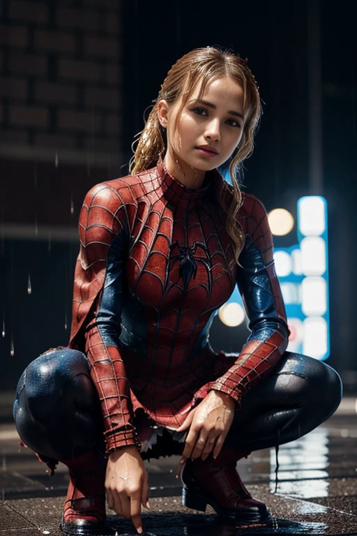 Dianna Agron、squatting down、マーベル・コミック映画のposter, very beautiful, movies about spiderman, sexy, whole body, I'm wearing a skirt、premiere date, poster、belly buttonを突き出す、new york、she's wearing a torn spiderman suit,the suit is torn、wearing a skirt、 red and black color scheme,dynamic、masterpiece、highest quality、super detailed、very detailed、Detailed beautiful shine、超A high resolution、cinematic,tear,teardrop,(torn clothes:1.5), (wet clothes:1.4), bare shoulders,real rain,wet hair,belly button、exposing skin、sexyな肩を見せてる