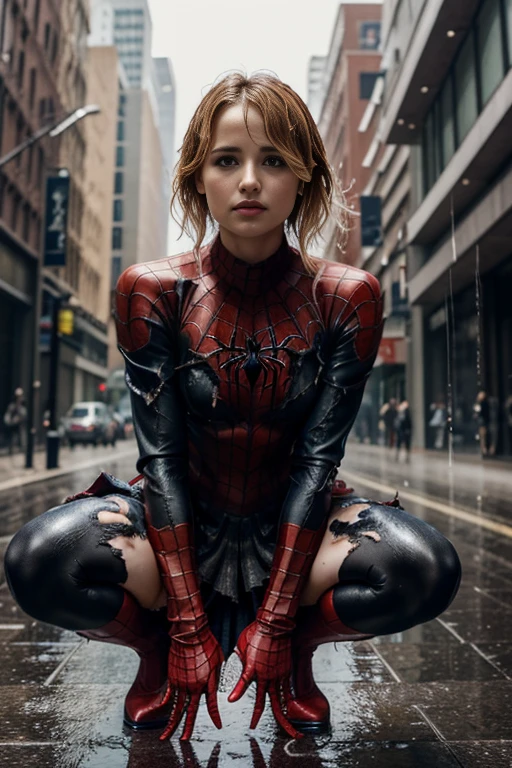 Dianna Agron、squatting down、マーベル・コミック映画のposter, very beautiful, movies about spiderman, sexy, whole body, I'm wearing a skirt、premiere date, poster、belly buttonを突き出す、new york、she&#39;s wearing a torn spiderman suit,the suit is torn、wearing a skirt、 red and black color scheme,dynamic、masterpiece、highest quality、super detailed、very detailed、Detailed beautiful shine、超A high resolution、cinematic,tear,teardrop,(torn clothes:1.5), (wet clothes:1.4), bare shoulders,real rain,wet hair,belly button、exposing skin、sexyな肩を見せてる