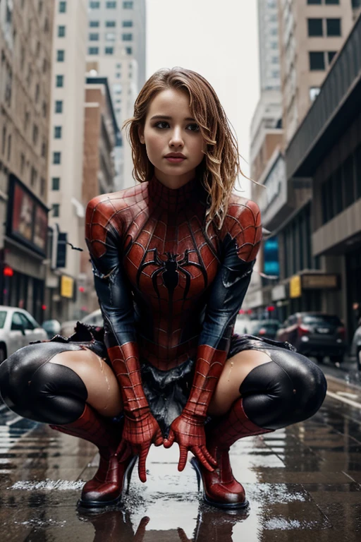 Dianna Agron、squatting down、マーベル・コミック映画のposter, very beautiful, movies about spiderman, sexy, whole body, I'm wearing a skirt、premiere date, poster、belly buttonを突き出す、new york、she's wearing a torn spiderman suit,the suit is torn、wearing a skirt、 red and black color scheme,dynamic、masterpiece、highest quality、super detailed、very detailed、Detailed beautiful shine、超A high resolution、cinematic,tear,teardrop,(torn clothes:1.5), (wet clothes:1.4), bare shoulders,real rain,wet hair,belly button、exposing skin、sexyな肩を見せてる