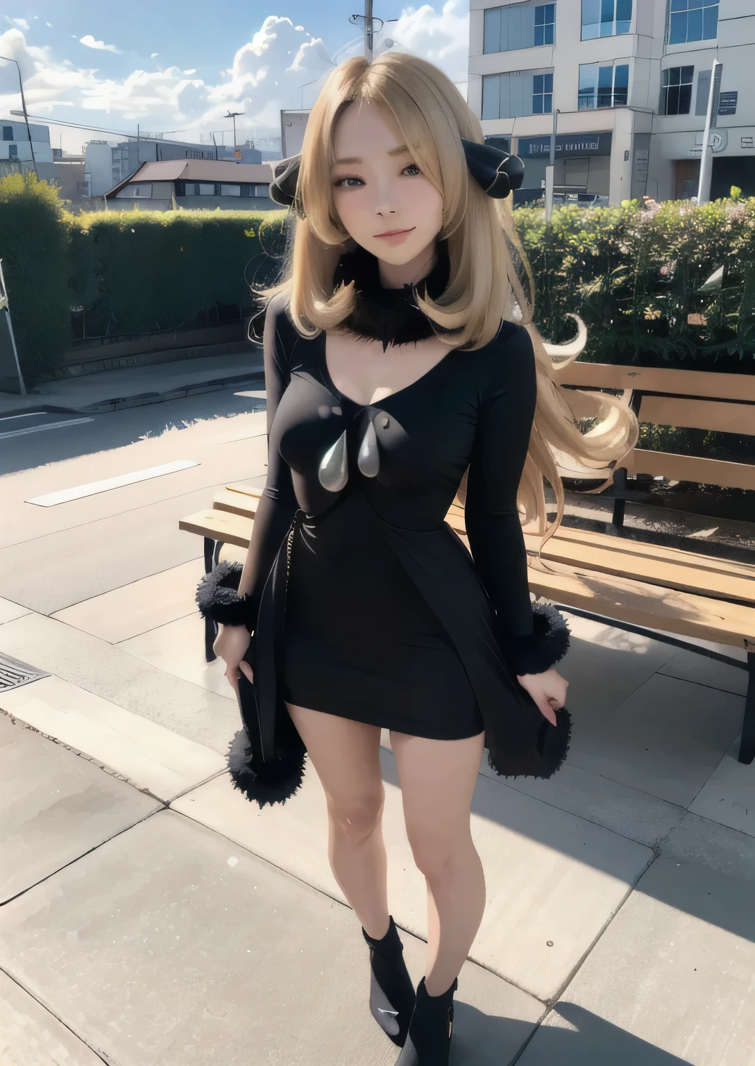 1 girl, with one people, full body portrait, concentrated, ((looking at the viewer)),
Cynthia, blonde hair, long hair, hair above one eye, hair ornaments, very long hair, big breasts, wavy hair, (gray eyes), smile, fascinating look,black pencil dress, white panties, grin, fur trim sleeves, Fur trim coat, fur trim sleeves, fur collar, fur trim, , from below
clocktower, architecture, beach, bench, bicycle, blue null, Bokeh, building, Cafe, city, chain-link fence, chromatic aberration, church, city, cityscape, clock tower, cloud, cloudy null, Day, Depth of the bounds written, east asian architecture, fence, Ferris wheel, , garden, Home, Lens flare, Ocean, outdoor, palm wood, garden, path, paved, people々, pool, poolside, throw, rainbow, road, rooftop, scenery, Shadow, Shoji, shrine, 歩road, null, nullscraper, stadium, over the counter, swoodt, Tokyo \(city\), tower, town, wood,, realistic, octane rendering, highest quality, looking at the viewer, look down, sharp focus, (8K), (4k), (masterpiece), (highest quality), (realistic skin texture), very detailed, Complex, very detailed, , figure, soft lighting, , High resolution, sharp details,, realistic, octane rendering, highest quality, looking at the viewer, look down, sharp focus, (8K), (4k), (masterpiece), (highest quality), (realistic skin texture), very detailed, Complex, very detailed, , figure, soft lighting, , High resolution, sharp details,
beautiful, beautiful eyes, anatomically correct, very detailed eyes, RAW image, beautiful face, symmetrical eyes, symmetrical face, great lighting