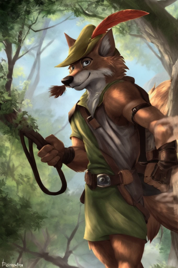 Robin Hood, male, solo, zorro, bosque, Vista trasera, vestido, headgear, pluma, ropa verde, chaqueta, pantalones de abajo, descanso seguro,
by bruteandbrawn, by personalami, por kenket, (intrincado, alto detalle, film photography, enfoque suave, Cine sincero RAW,
photorealism, realista, photorealista, analog style, subsurface dispersion,
obra maestra, Mejor calidad, ultra realista, 8K)