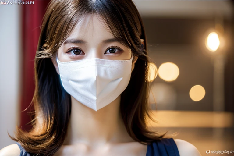 (realistic,photorealistic:1.37),Super detailed,Faithfully reproduces the face of the most reproduced Japanese woman,fine and beautiful eyes,dark and beautiful lips,long eyelashes,(highest quality,4k,8K,High resolution,masterpiece:1.2),Ultra-fine painting,portrait,Professional,HDR,bright colors,studio lighting,Physically based rendering,sexy images,sensual pose,gorgeous features,perfect skin,expressive eyes,enchanting smile,impressive beauty,charming presence,seductive charm,to attract attention,eye-catching,looks great in the photo,high fashion,perfect makeup,sophisticated style,colorful background,gorgeous atmosphere,soft natural light,rich composition,delicate brushstrokes,perfect details,lively,Subtle shading,rich tone,beautifully captured,amazing technique,cinematic quality,Powerful depiction,artistic interpretation、cleavage、((((face mask))))、white background、one piece,waist up shot