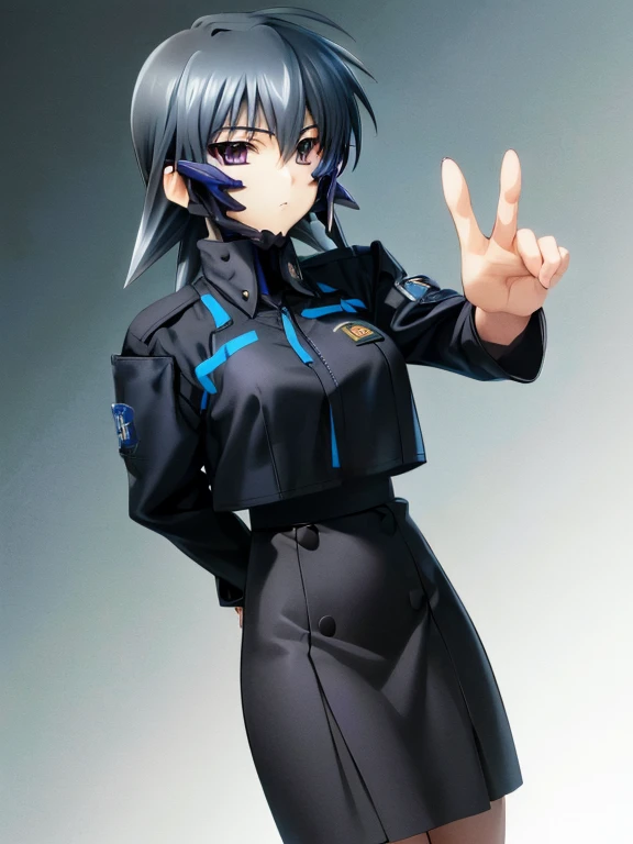 Ayamine Kei , (((highres official art))) , (((muv-luv))) , (((1girl))) , black hair , purple eyes , looking at viewer , skirt, simple background, long sleeves , white background, closed mouth, standing, jacket, white shirt, uniform , military, military uniform, black jacket, clenched hand , high-waist skirt, military