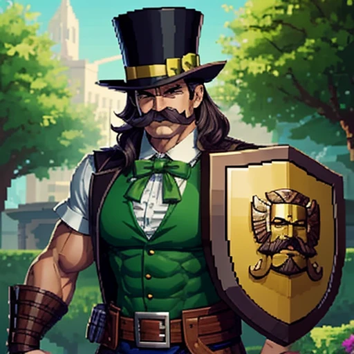 Muscular ,Man, wooden shield, green top hat, mustache,smiling,pixel art,side garden,yellow eyes,shirt