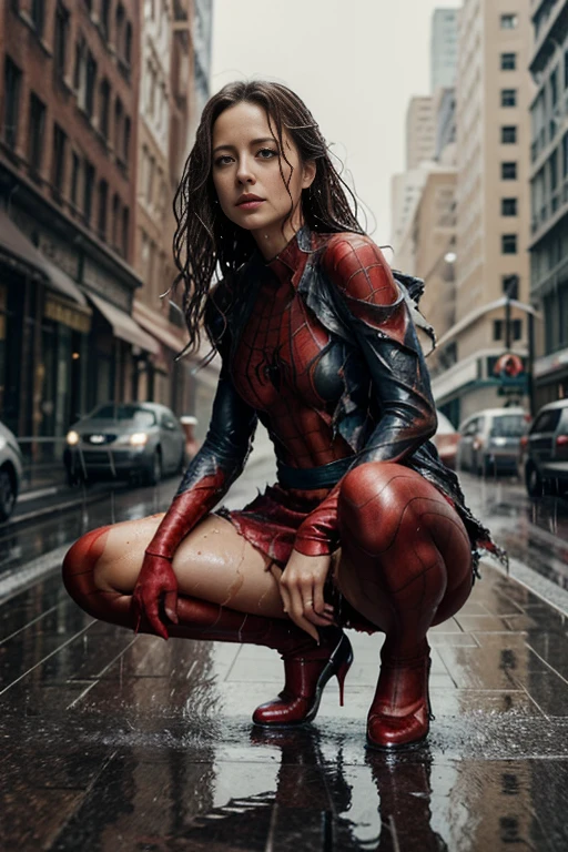 Amy Acker、squatting down、マーベル・コミック映画のposter, very beautiful, movies about spiderman, sexy, whole body, I'm wearing a skirt、premiere date, poster、belly buttonを突き出す、new york、she&#39;s wearing a torn spiderman suit,the suit is torn、wearing a skirt、 red and black color scheme,dynamic、masterpiece、highest quality、super detailed、very detailed、Detailed beautiful shine、超A high resolution、cinematic,tear,teardrop,(torn clothes:1.5), (wet clothes:1.4), bare shoulders,real rain,wet hair,belly button、exposing skin、sexyな肩を見せてる