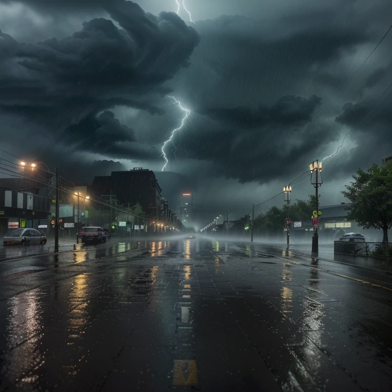 (best quality,highres,realistic:1.37),stormy weather,thunderstorm,rainy day,dark clouds,heavy rain,pouring rain,flashes of lightning,street soaked in rainwater,drenched trees,wet pavements,misty atmosphere,moisture in the air,dramatic lighting,ominous sky,soaked clothes,reflective surfaces,torrential downpour,moody atmosphere,refreshing drizzle,fierce winds,stormy horizon,electric atmosphere,rumbling thunder,petrichor,cityscape in rain,humid air,water droplets,foggy streets,shimmering reflections,calm before the storm,cool breeze,blurred lights in the rain,waterlogged ground,thunderclaps,long exposure photography,stormy mood