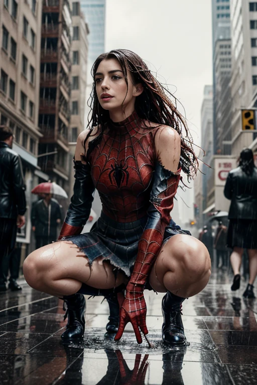 Anne Hathaway、squatting down、マーベル・コミック映画のposter, very beautiful, movies about spiderman, sexy, whole body, I'm wearing a skirt、premiere date, poster、belly buttonを突き出す、new york、she&#39;s wearing a torn spiderman suit,the suit is torn、wearing a skirt、 red and black color scheme,dynamic、masterpiece、highest quality、super detailed、very detailed、Detailed beautiful shine、超A high resolution、cinematic,tear,teardrop,(torn clothes:1.5), (wet clothes:1.4), bare shoulders,real rain,wet hair,belly button、exposing skin、sexyな肩を見せてる