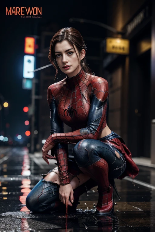 Anne Hathaway、squatting down、マーベル・コミック映画のposter, very beautiful, movies about spiderman, sexy, whole body, I'm wearing a skirt、premiere date, poster、belly buttonを突き出す、new york、she&#39;s wearing a torn spiderman suit,the suit is torn、wearing a skirt、 red and black color scheme,dynamic、masterpiece、highest quality、super detailed、very detailed、Detailed beautiful shine、超A high resolution、cinematic,tear,teardrop,(torn clothes:1.5), (wet clothes:1.4), bare shoulders,real rain,wet hair,belly button、exposing skin、sexyな肩を見せてる