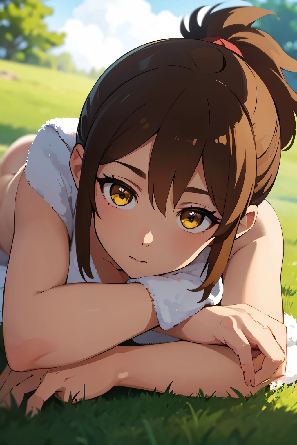 1 girl, marci, brown hair, short ponytail, nude, yellow eyes, detailed eyes, laying on back on the grass, ((covered with towel))