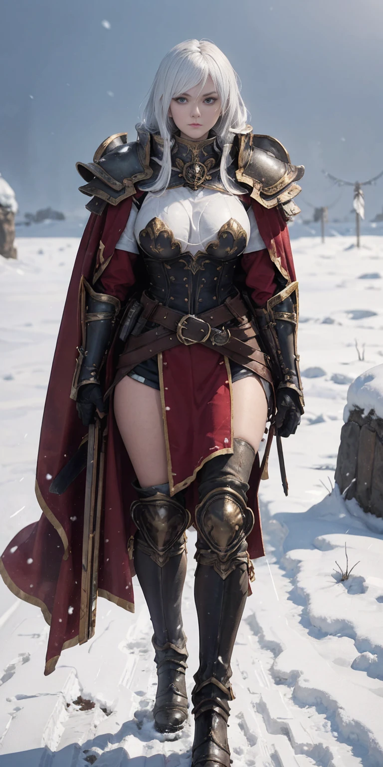 masterpiece, best quality,  brunhilde, red eyes, military uniform, necklace, cleavage cutout, belt, upper body, large breasts, walking, from side, winter, tundra, alpine forest, emotionless