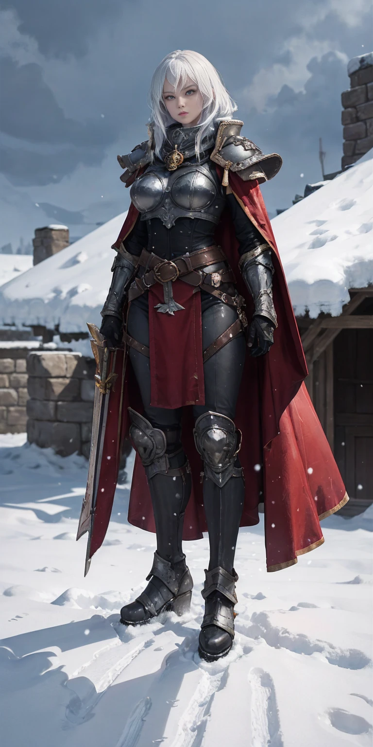 full body standind straight symmetrical, FEMALE warrior princess, big belt around waist, hair, very white skin like snow, wearing full heavy armor red cape, brown leather boots, adventurer outfit, veteran warrior milf bimbo
