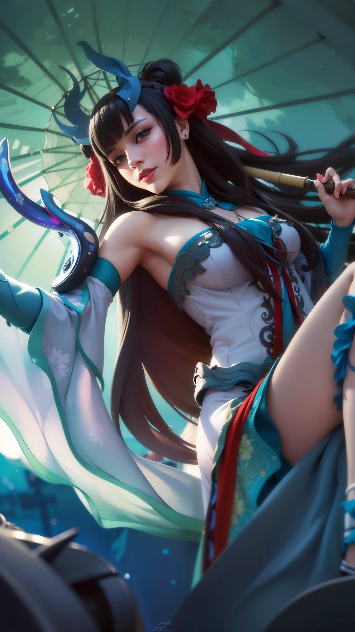 girl with black hair holding a umbrella, red lips glossy, 8k, ultra hd, ultra detailed texture, hyper realistic, masterpiece, detailed texture, detailed face, detailed skin, detailed lighting, (photorealistic:1.5), best quality, beautiful lighting, cinematic lighting, professional lighting, ultra highres, realistic, detailed hair, real hair, high quality, (realskin:1.5), extremely detailed, finely detail, ultra-detailed, smile, kimono outfit, blue eyes.