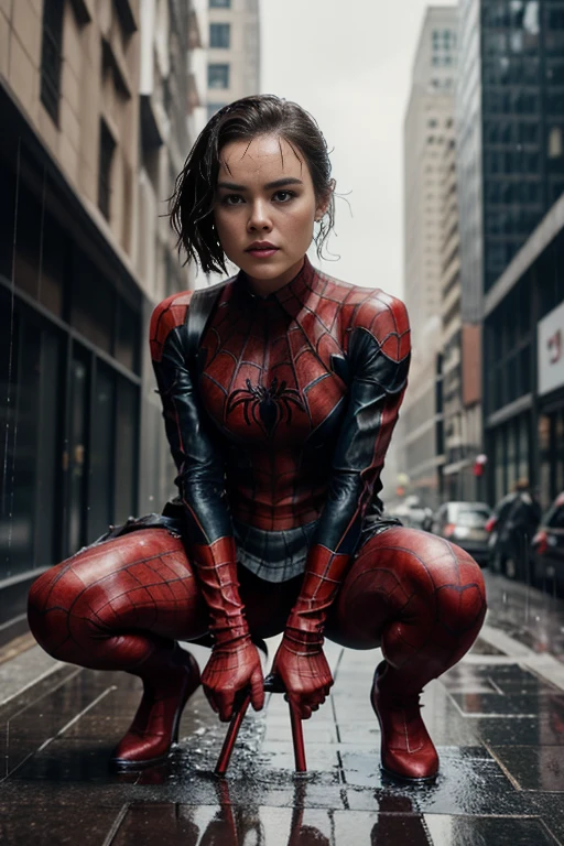 daisy ridley、squatting down、マーベル・コミック映画のposter, very beautiful, movies about spiderman, sexy, whole body, I'm wearing a skirt、premiere date, poster、belly buttonを突き出す、new york、she&#39;s wearing a torn spiderman suit,the suit is torn、wearing a skirt、 red and black color scheme,dynamic、masterpiece、highest quality、super detailed、very detailed、Detailed beautiful shine、超A high resolution、cinematic,tear,teardrop,(torn clothes:1.5), (wet clothes:1.4), bare shoulders,real rain,wet hair,belly button、exposing skin、sexyな肩を見せてる