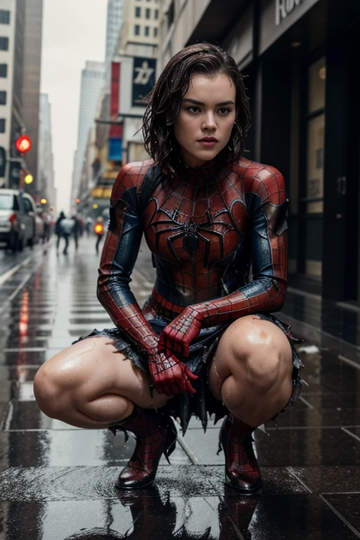 daisy ridley、squatting down、マーベル・コミック映画のposter, very beautiful, movies about spiderman, sexy, whole body, I'm wearing a skirt、premiere date, poster、belly buttonを突き出す、new york、she's wearing a torn spiderman suit,the suit is torn、wearing a skirt、 red and black color scheme,dynamic、masterpiece、highest quality、super detailed、very detailed、Detailed beautiful shine、超A high resolution、cinematic,tear,teardrop,(torn clothes:1.5), (wet clothes:1.4), bare shoulders,real rain,wet hair,belly button、exposing skin、sexyな肩を見せてる