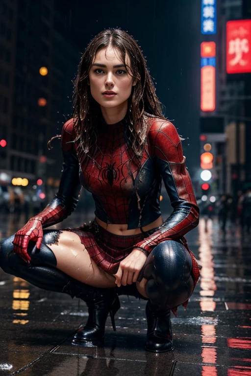 keira knightley、squatting down、マーベル・コミック映画のposter, very beautiful, movies about spiderman, sexy, whole body, I'm wearing a skirt、premiere date, poster、belly buttonを突き出す、new york、she's wearing a torn spiderman suit,the suit is torn、wearing a skirt、 red and black color scheme,dynamic、masterpiece、highest quality、super detailed、very detailed、Detailed beautiful shine、超A high resolution、cinematic,tear,teardrop,(torn clothes:1.5), (wet clothes:1.4), bare shoulders,real rain,wet hair,belly button、exposing skin、sexyな肩を見せてる