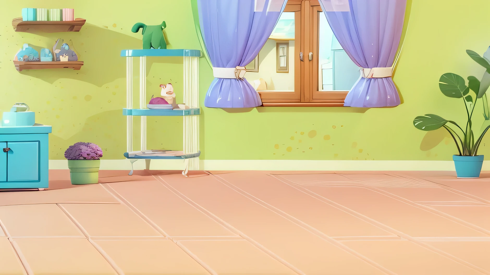 cartoon illustration of a room with a cat and a dog, cozy home background, in a candy land style house, house background, interior background art, background art, random background scene, alien room background, living room background, cute cartoon style, cozy living room background, 2 d game art background, fairy tale style background, cute bakery shop, cozy cafe background, screenshot