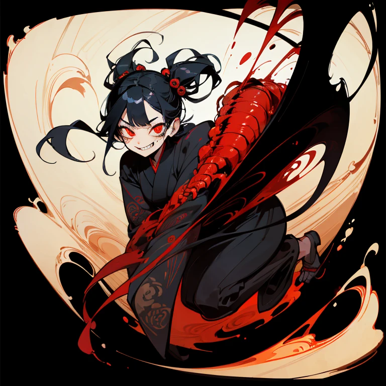 girl riding a scorpion、(girl wearing kimono)、(red scorpion)、 scribble, nightmare, doll-like face, cartoon style, rough sketch, Horror elements, (masterpiece), (High resolution), (super delicate), (clear), Comic style illustration, (drawing style), cool color, (Horror elements), Japanese painting, full body, Apparition, angle, (snap shot), bugaboo, That's horrible, (Creepy), Japanese carving, primitive art, old picture scroll style, old staging, Ancient mural style, crazy illustration, antique, dark atmosphere, flat illustration, crazy smile, Creepyな外観, distinctive hairstyle, creative accessories, unique atmosphere