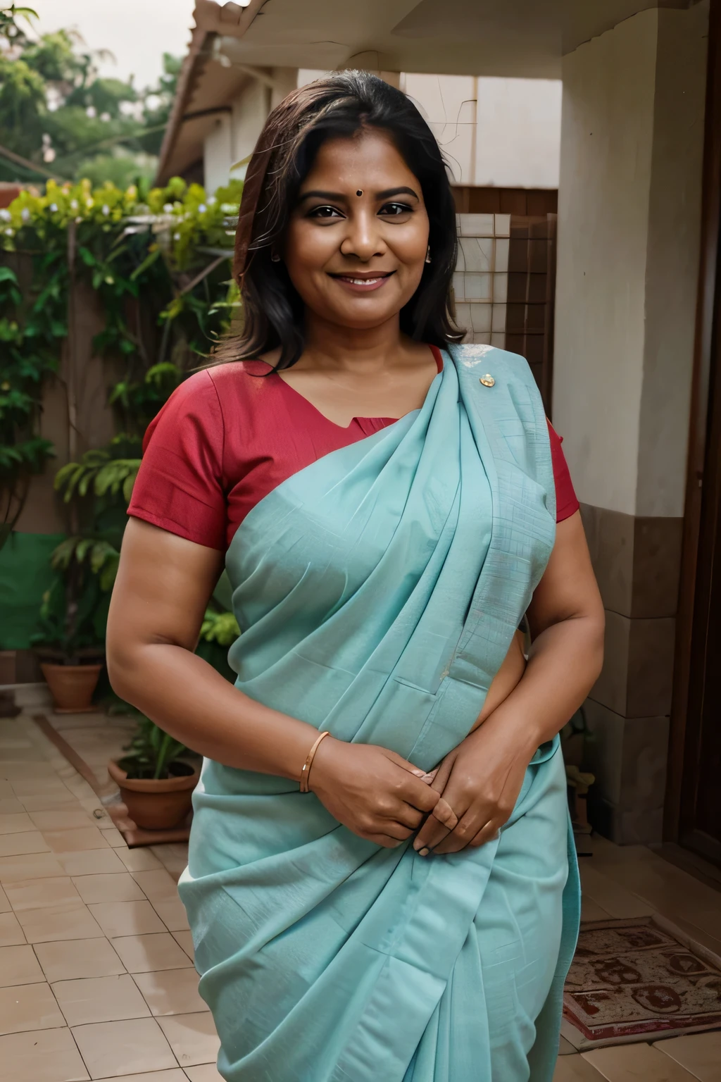 indian 55 yo fat woman in saree , looking at camera and smiling standing in house background , 4k , realistic