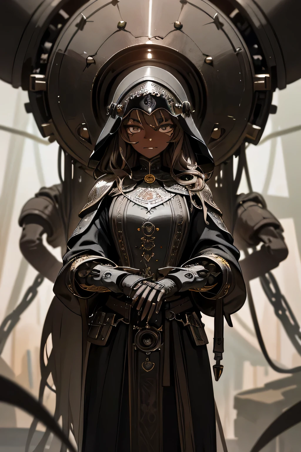 (Dark gothic fantasy), tentacle horror, (automaton girl), mechanized girl, brown skin, (dark brown skin), dark skin, steel skin, brown metallic gloss, brown straight hair, facepaint, dividing lines on face, ((mechanical dividing lines on body)), gray eyes, less clothing, silver breastplate, mramor helmet, massive iron rings on arms, devastated gothic environment, cold lighting, highly detailed art, many details, extremely detailed background