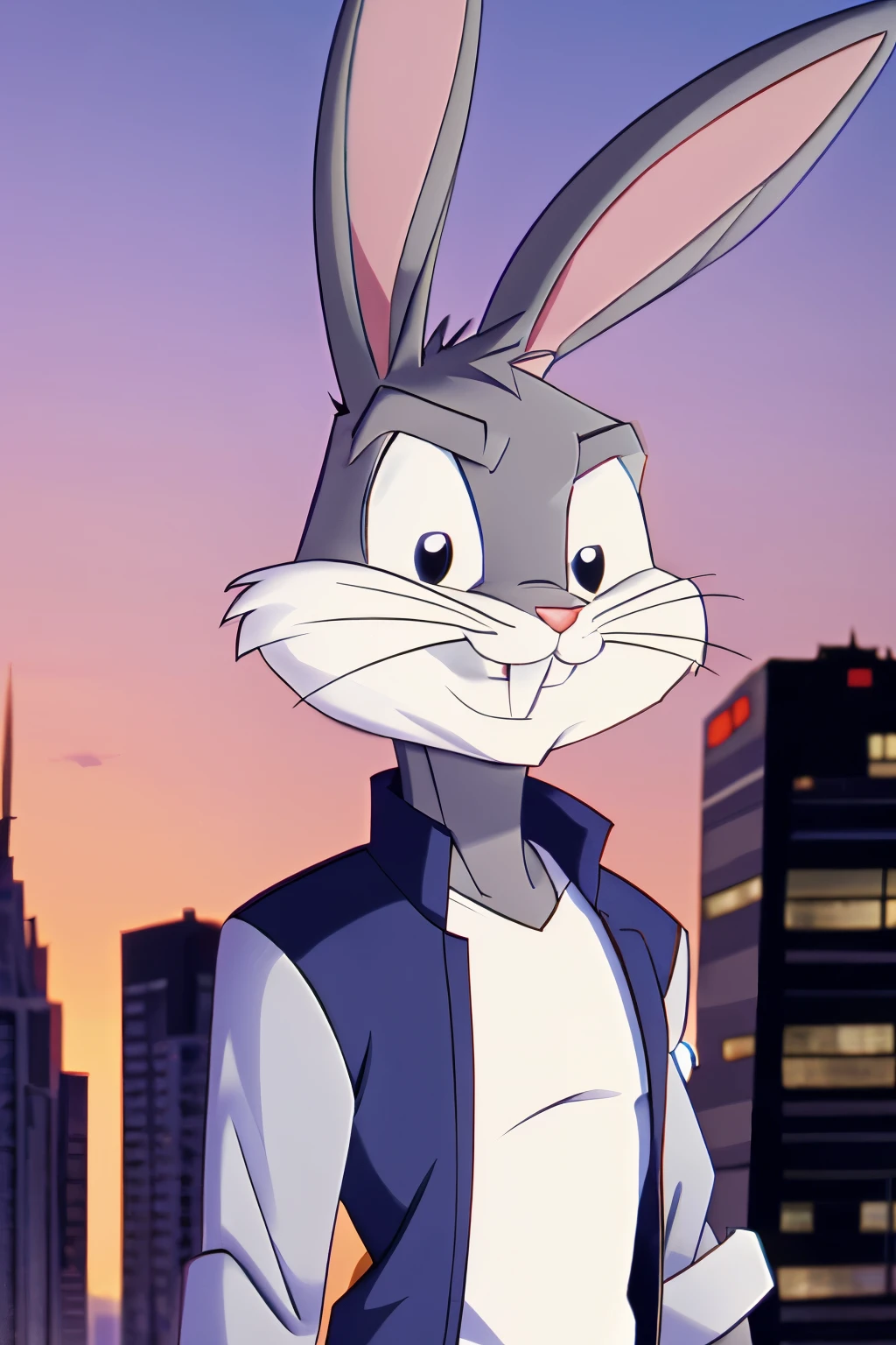 gloves, male, solo, bugs bunny, rabbit, buckteeth, city, long ears, grey body, grey fur, white fur,furry,anime style, anime screencap,  2000s_\(style\) , grin, forest, upper body, short-sleeved jacket with white lining,