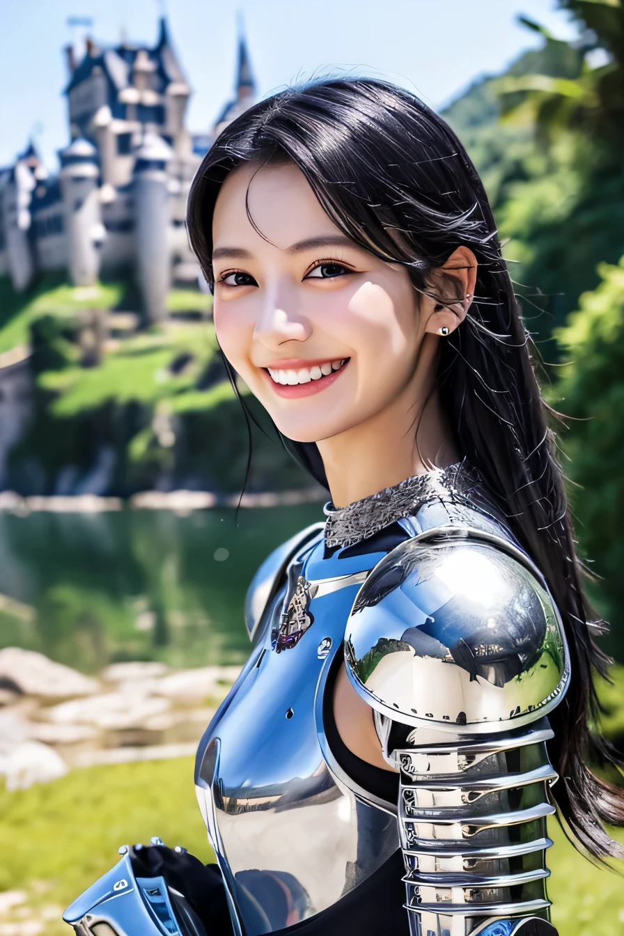 8K、highest quality、female knight、The background is a castle、Luxurious Silver Armor、heavy equipment、black hair、hairstyle shortcut、smile、beautiful teeth、full body photo、ear piercing
