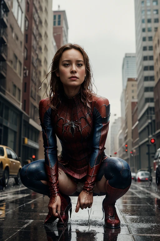Brie Larson、squatting down、マーベル・コミック映画のposter, very beautiful, movies about spiderman, sexy, whole body, I'm wearing a skirt、premiere date, poster、belly buttonを突き出す、new york、she's wearing a torn spiderman suit,the suit is torn、wearing a skirt、 red and black color scheme,dynamic、masterpiece、highest quality、super detailed、very detailed、Detailed beautiful shine、超A high resolution、cinematic,tear,teardrop,(torn clothes:1.5), (wet clothes:1.4), bare shoulders,real rain,wet hair,belly button、exposing skin、sexyな肩を見せてる