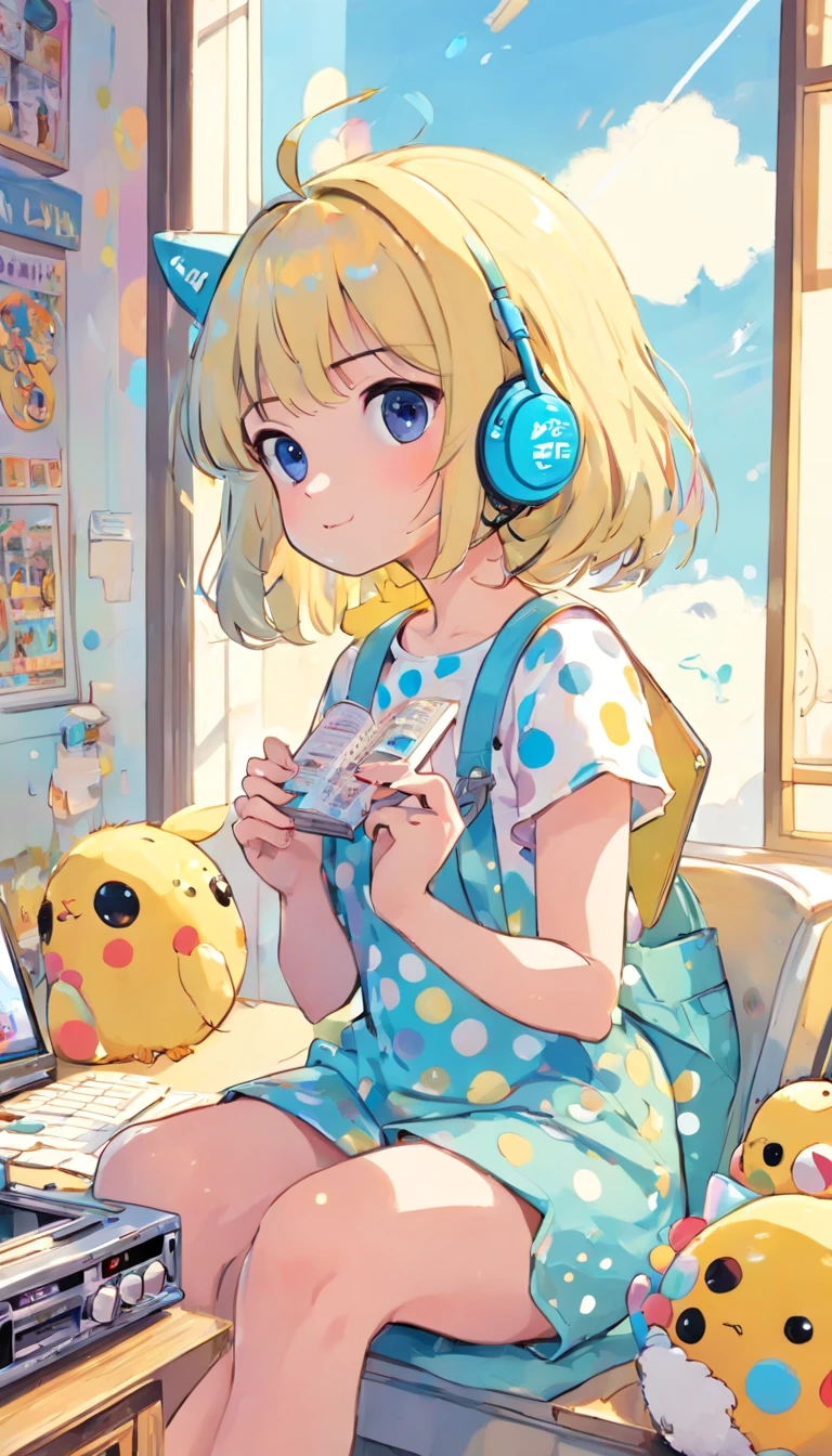 perfect body、girl、(((Girl's UP)))、(((The girl's face is well visible)))、make many round chicks、((12 years old))、(((cassette tape、radio cassette player、record)))、可愛い美girl、((Listening to music with headphones on))、machine、Note、computer、light bulb、window、Chair、curtain、retro、(((80s))) Neon color、pastel colour、((blue and white room))、Polka dot pattern、lemon、80'sパターン、round pattern、square pattern、Cartoon screentones、Dot pattern is applied from above、chick chick、Cotton candy、candy、(((Get into a rhythm))), (((lofi-art))), Cute white fur ball creature、(((The structure and balance of the face of the human body, objects, and living things are well-balanced without any discomfort.))), (((the fingers of the hand5Book))), (((beautiful and well-shaped body)))、(((Cute and beautiful face)))、(((Ramune Ramune Ramune、summer、青と白のPolka dot pattern)))