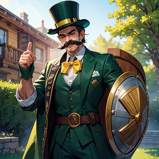 Muscular ,Man, wooden shield, green top hat, mustache,smiling,pixel art,side garden,yellow eyes,shirt