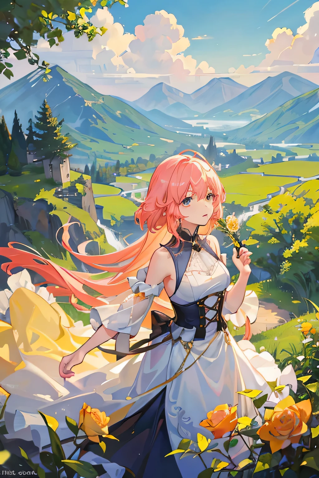 Amidst a tranquil garden, golden petals of yellow roses sway gently in the morning breeze, casting a radiant glow upon the surrounding landscape. Beneath the canopy of these luminous blooms, a solitary tree reaches skyward, offering a unique vantage point to behold the distant mountains veiled in mist. From the tree's perspective, the mountains emerge like ancient sentinels, their peaks obscured by wisps of ethereal clouds. As the sun ascends from behind the majestic peaks, its warm rays kiss the fluffy clouds, painting the sky in hues of soft pink and apricot. A sense of serenity envelops the scene, inviting viewers to lose themselves in the tranquil beauty of the moment. Illustrated in the enchanting art style reminiscent of the beloved anime film "Your Name," depict this idyllic landscape with meticulous attention to detail and a touch of whimsy. Let the colors radiate with warmth and vibrancy, capturing the delicate beauty of the yellow roses and the majestic allure of the distant mountains. Infuse the image with a sense of wonder and tranquility, transporting viewers to a realm where time seems to stand still, and nature's splendor reigns supreme.