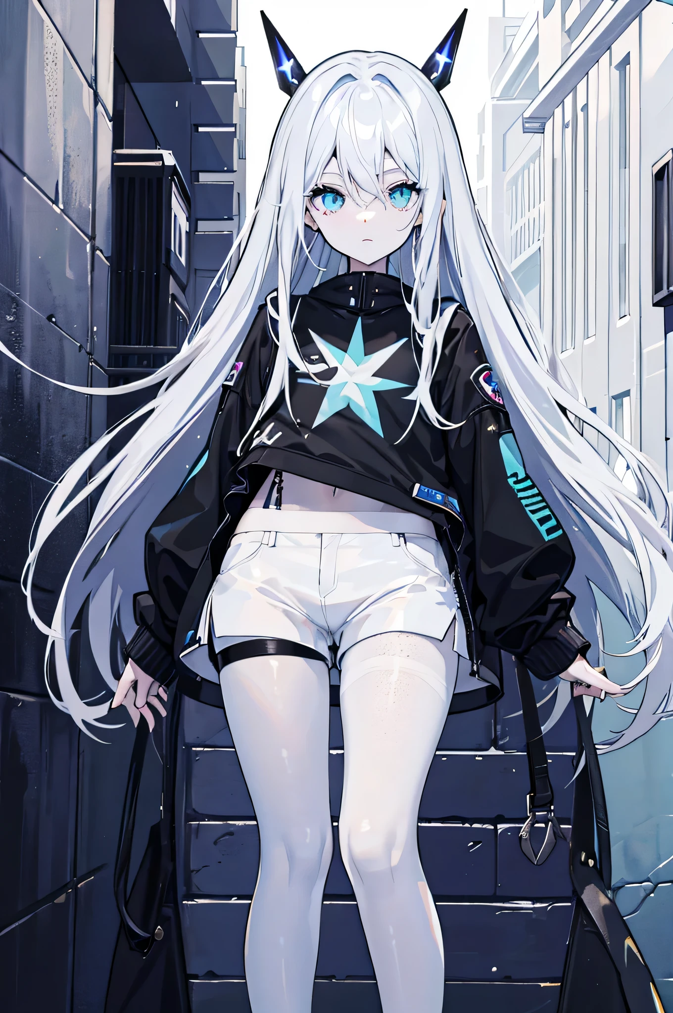 8K, top quality, long platinum hair, freckles, azure eyes, slim body, demin shorts, top, urban, white skin, black pantyhose