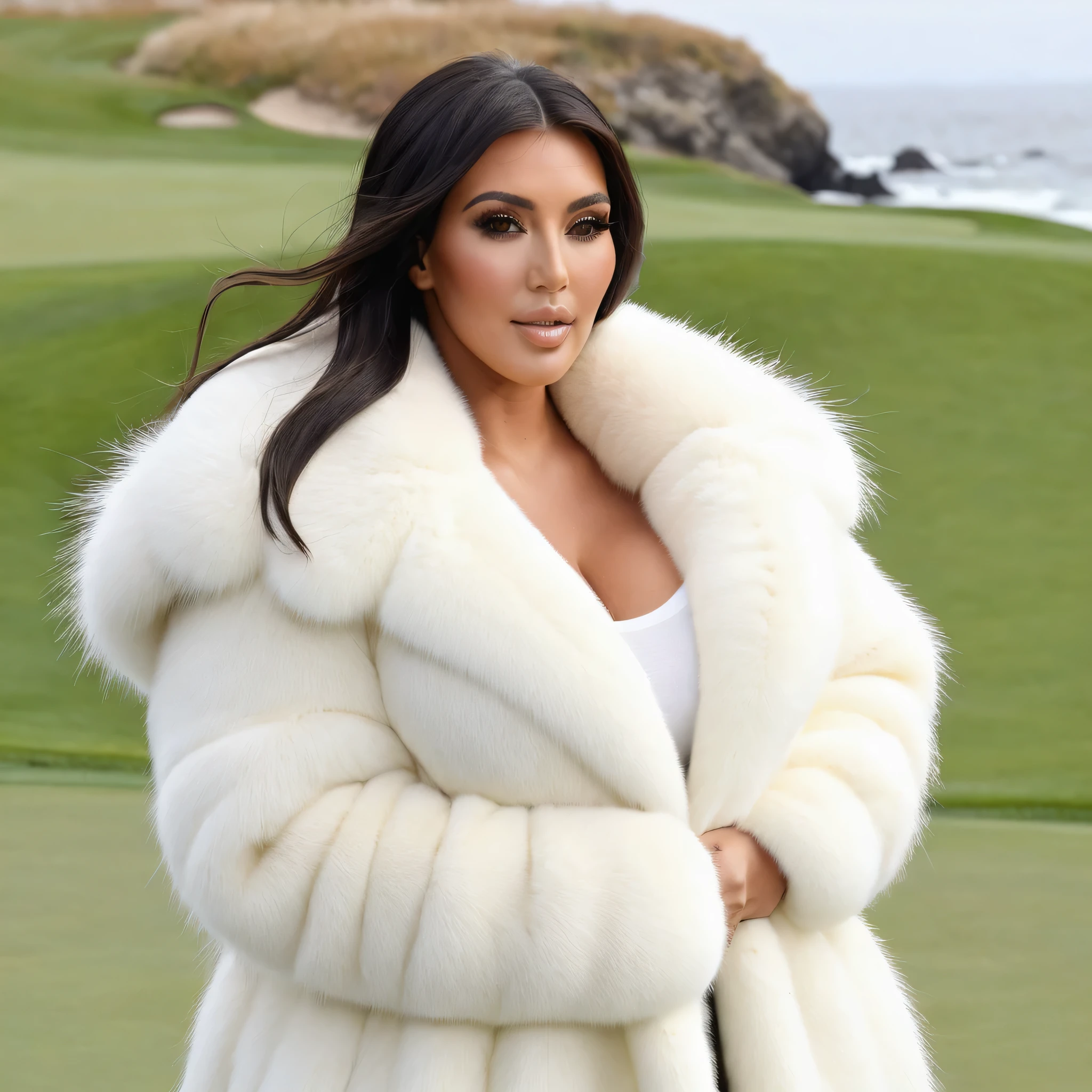 A very wide and very thick, manteau de fourrure en vison blanc, fifty centimeters thick, duveteux, naturel, with an ultra thick white mink fur collar, three layers, sur Kim Kardashian , bare shoulders, and two large breast covered by the fur, at Pebble Beach golf