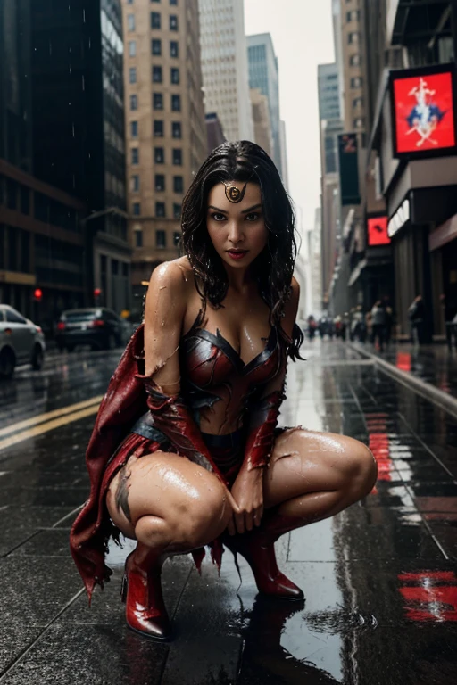 gal gadot、squatting down、マーベル・コミック映画のposter, very beautiful, movies about spiderman, sexy, whole body, I'm wearing a skirt、premiere date, poster、belly buttonを突き出す、new york、she&#39;s wearing a torn spiderman suit,the suit is torn、wearing a skirt、 red and black color scheme,dynamic、masterpiece、highest quality、super detailed、very detailed、Detailed beautiful shine、超A high resolution、cinematic,tear,teardrop,(torn clothes:1.5), (wet clothes:1.4), bare shoulders,real rain,wet hair,belly button、exposing skin、sexyな肩を見せてる