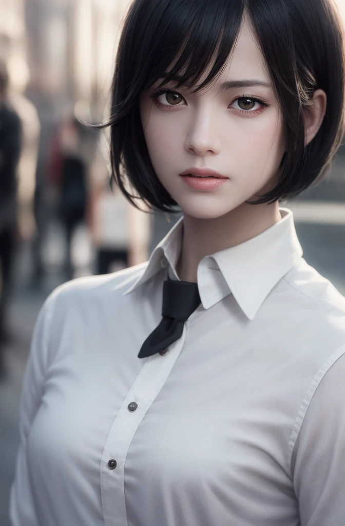 masterpiece, (photorealistic: 1.4), best quality, beautiful lighting, (ulzzang-6500: 0.5), mikasa \(attack on the titans\), (black hair)+(short chanel hair)+(bangs), black eyes, ((eyes with dark circles)), (white shirt), (tie), RAW photo, 8k uhd, film grain